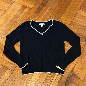 Black V-Neck Cashmere Sweater with White Trim